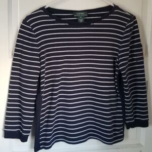 Lauren Ralph Lauren Navy & White Striped 3/4 Sleeve w Logo Pocket, Side Stripe M
